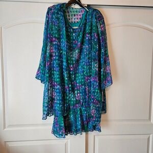 Vintage Lauren Michaels Dress & Blazer Set Teal Blue Geometric Shift 90s Sheer